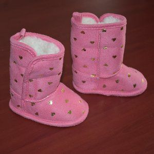 Primark Boots Pink with Golden Hearts Allover - Newborn to 3 months